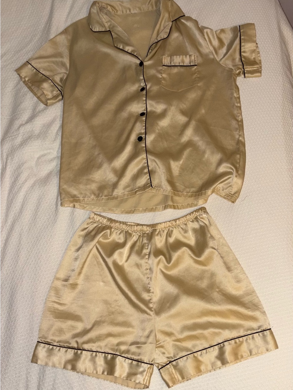 Satin Short Sleeve Pajama Set in Champagne with Black Piping